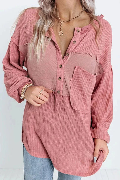 Half Button Raw Hem Long Sleeve Blouse - VILLA FASHION