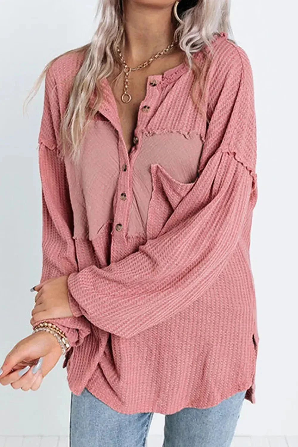 Half Button Raw Hem Long Sleeve Blouse - VILLA FASHION