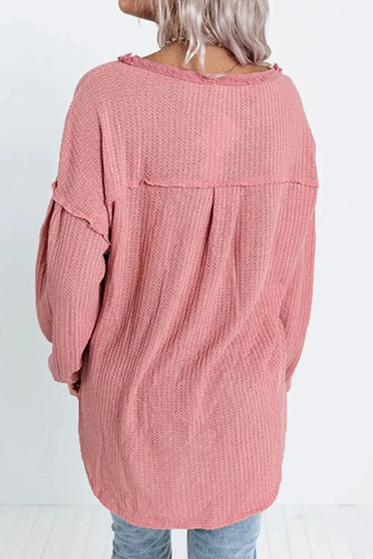 Half Button Raw Hem Long Sleeve Blouse - VILLA FASHION