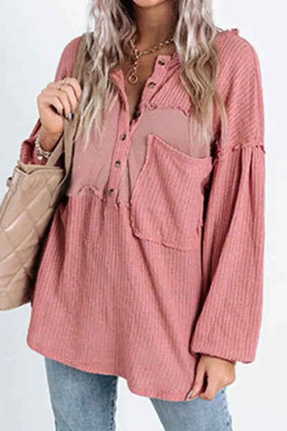 Half Button Raw Hem Long Sleeve Blouse - VILLA FASHION