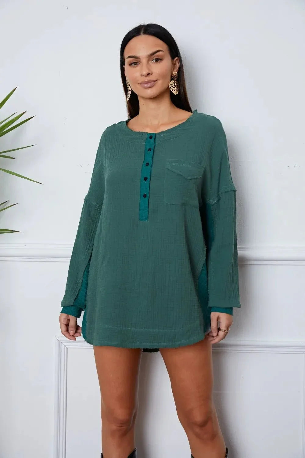 Half Button Up Round Neck Blouse - VILLA FASHION