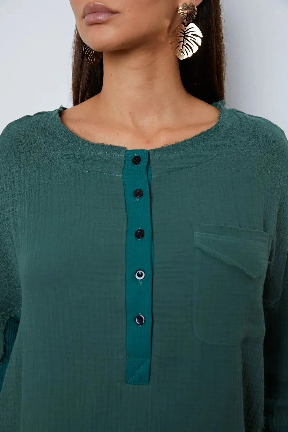 Half Button Up Round Neck Blouse - VILLA FASHION