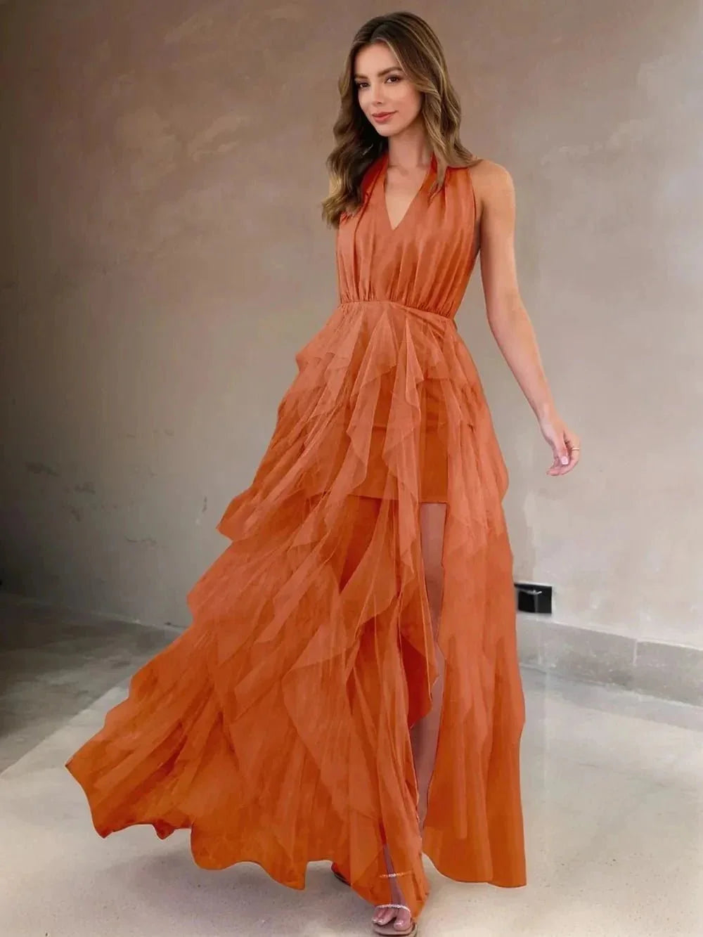 Halter Neck Irregular Mesh Dress - VILLA FASHION