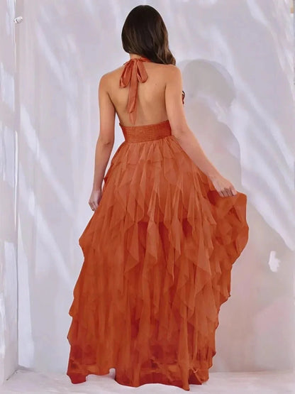 Halter Neck Irregular Mesh Dress - VILLA FASHION