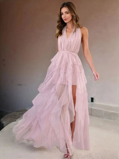 Halter Neck Irregular Mesh Dress - VILLA FASHION