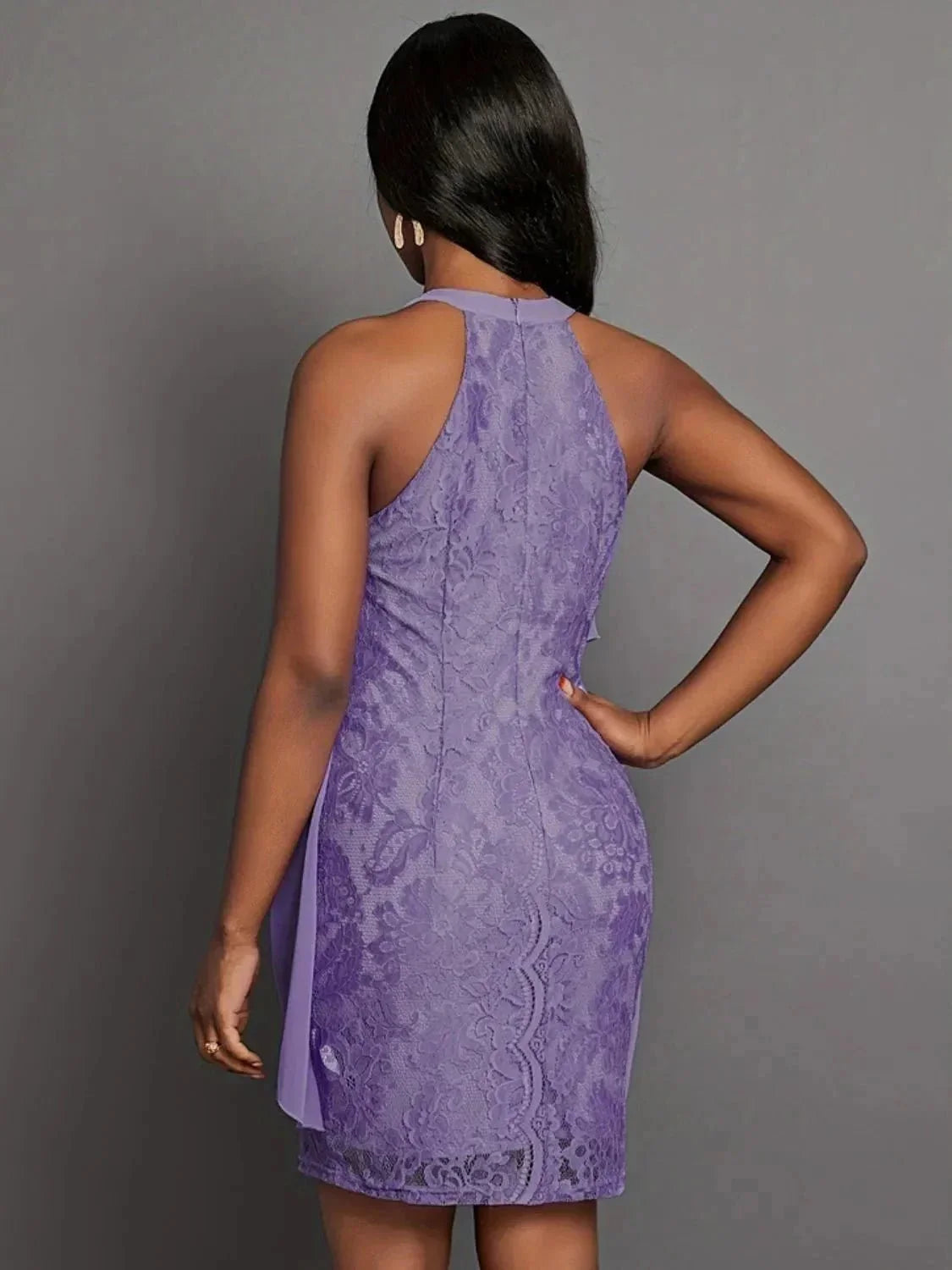 Halter Neck Layered Lace Mini Dress - VILLA FASHION