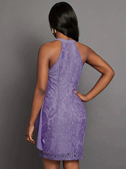 Halter Neck Layered Lace Mini Dress - VILLA FASHION