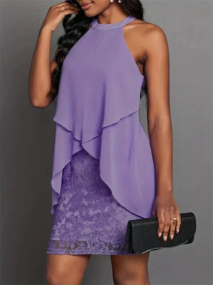 Halter Neck Layered Lace Mini Dress - VILLA FASHION