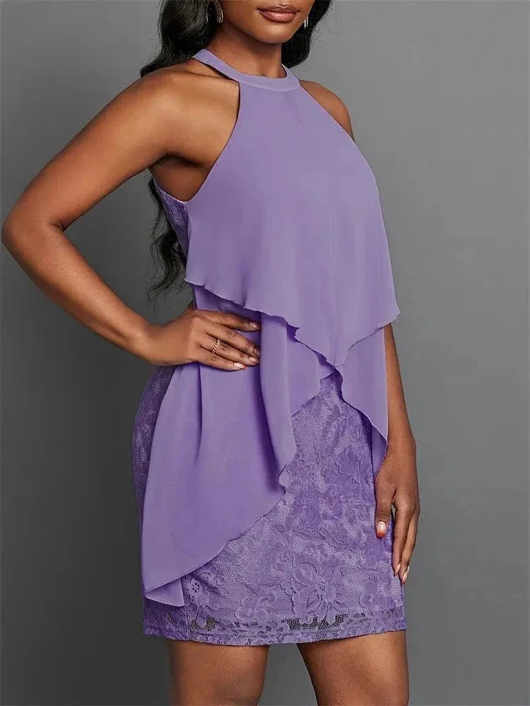Halter Neck Layered Lace Mini Dress - VILLA FASHION