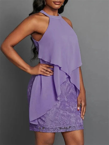 Halter Neck Layered Lace Mini Dress - VILLA FASHION