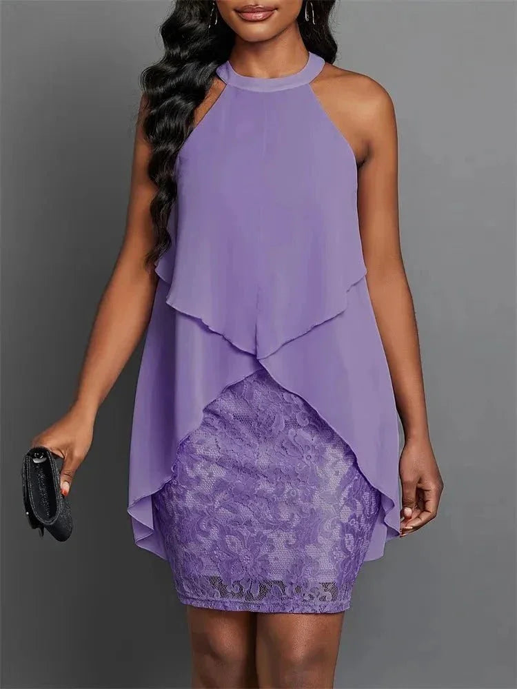 Halter Neck Layered Lace Mini Dress - VILLA FASHION