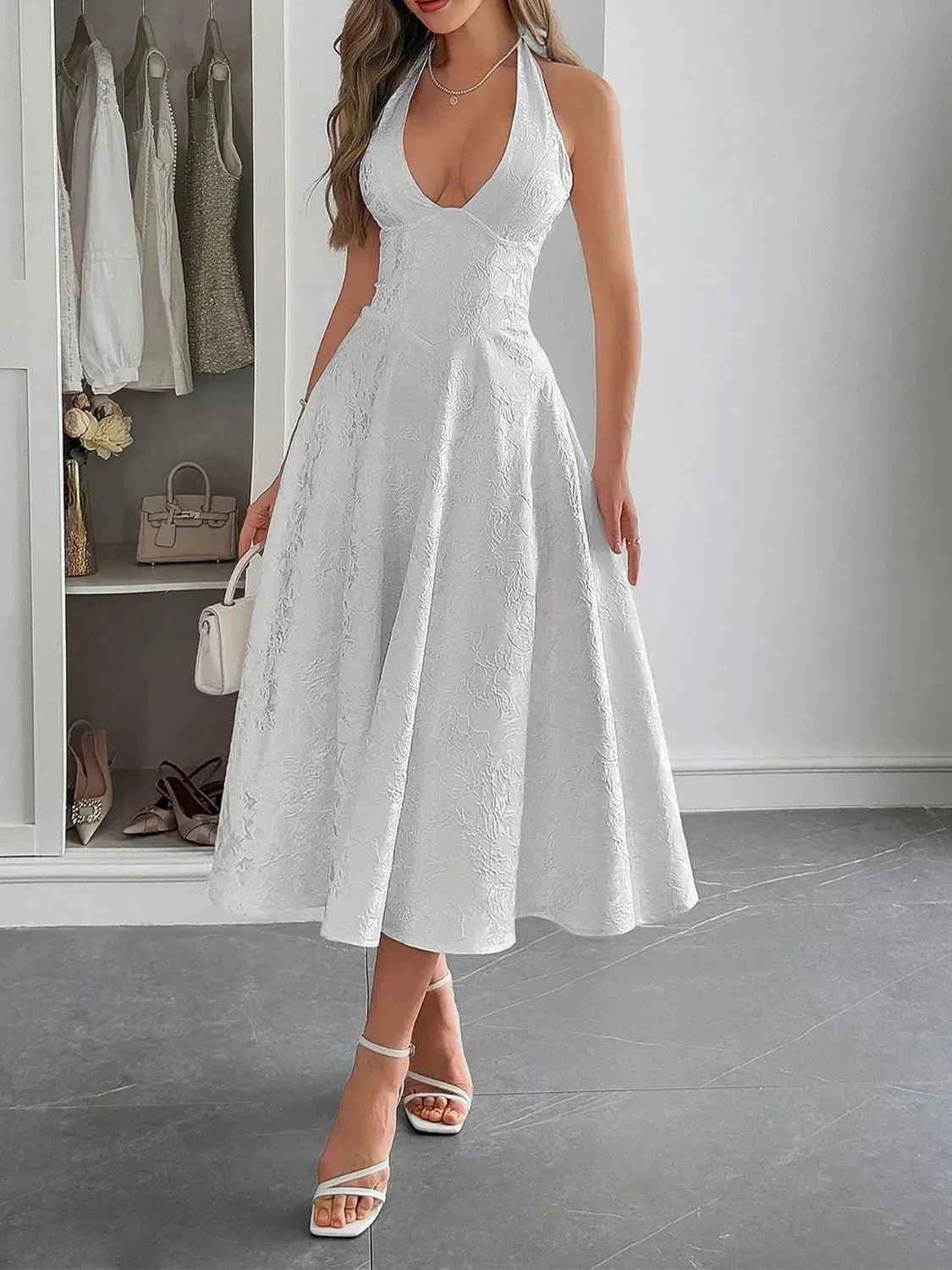 Halter Neck Midi Dress with Pockets - VILLA FASHION