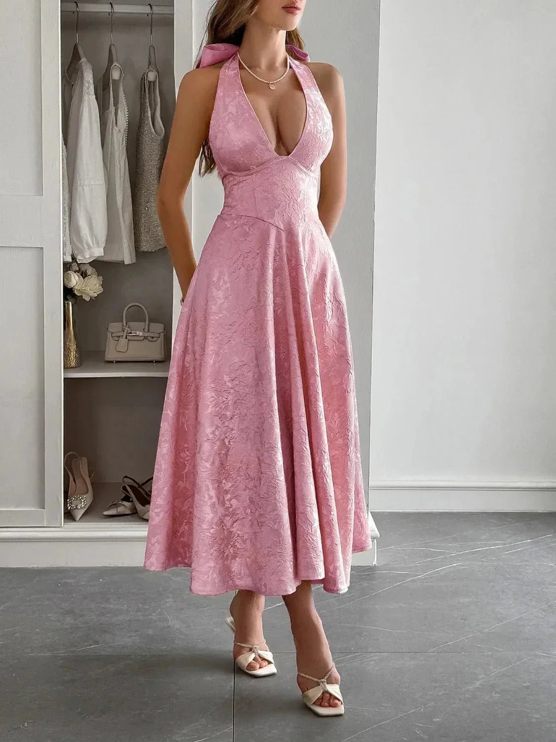 Halter Neck Midi Dress with Pockets - VILLA FASHION