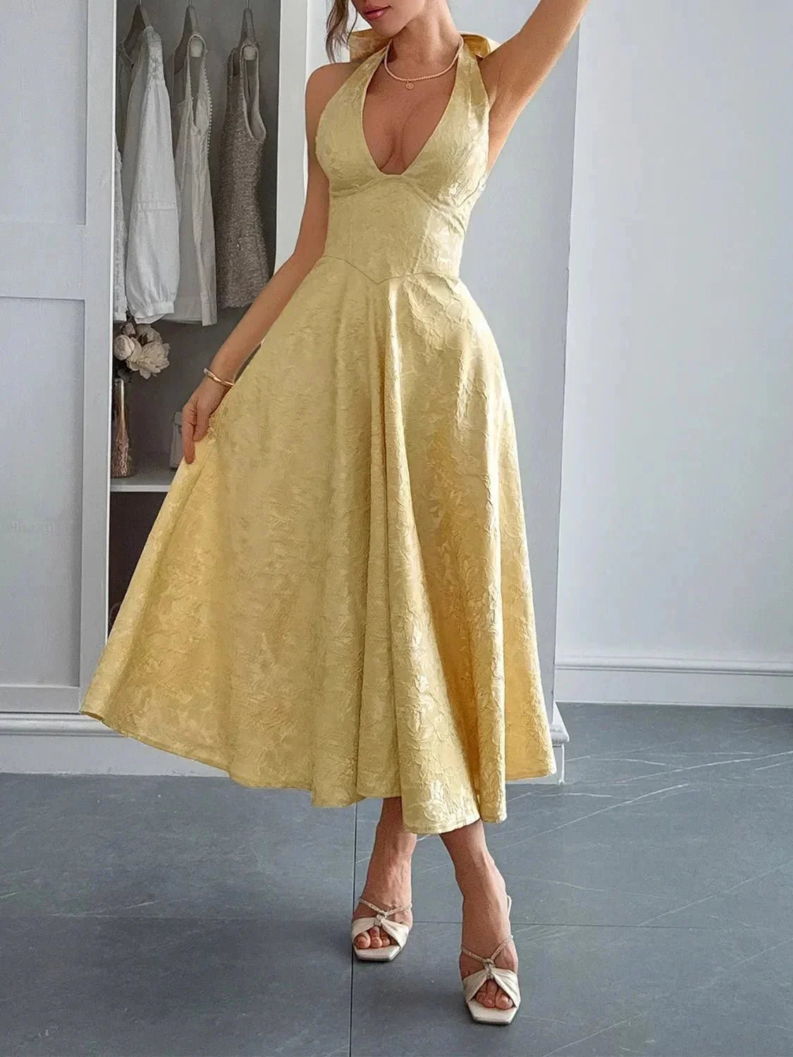 Halter Neck Midi Dress with Pockets - VILLA FASHION