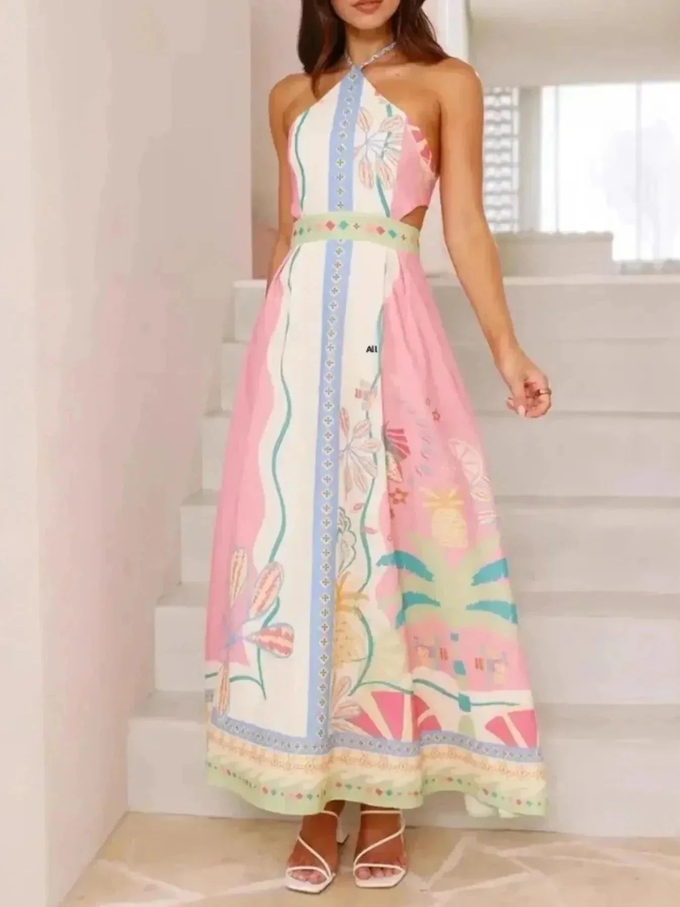 Halter Neck Printed Maxi Dress - VILLA FASHION