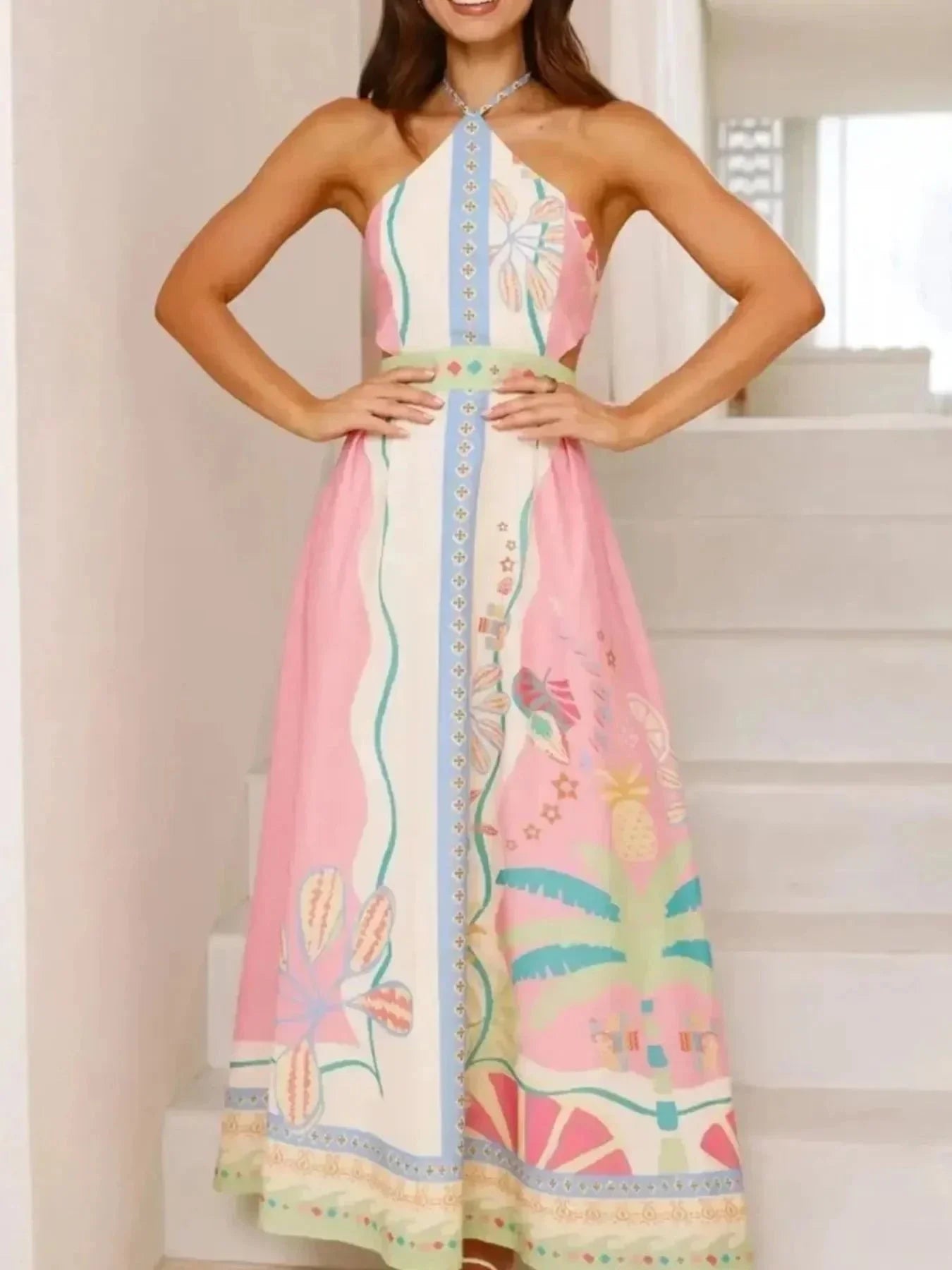 Halter Neck Printed Maxi Dress - VILLA FASHION