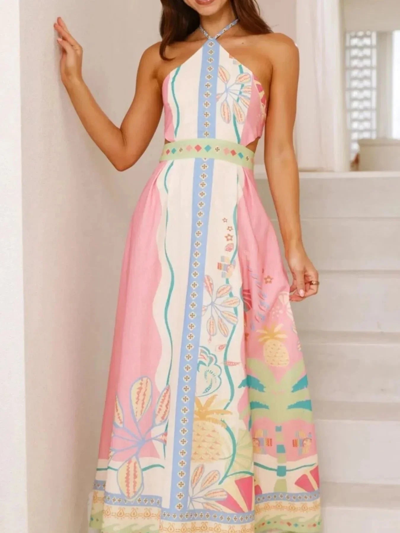 Halter Neck Printed Maxi Dress - VILLA FASHION