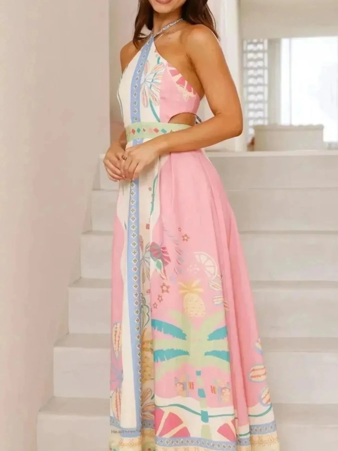 Halter Neck Printed Maxi Dress - VILLA FASHION