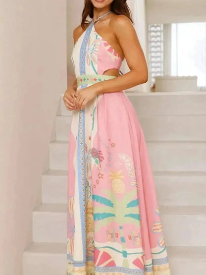 Halter Neck Printed Maxi Dress - VILLA FASHION