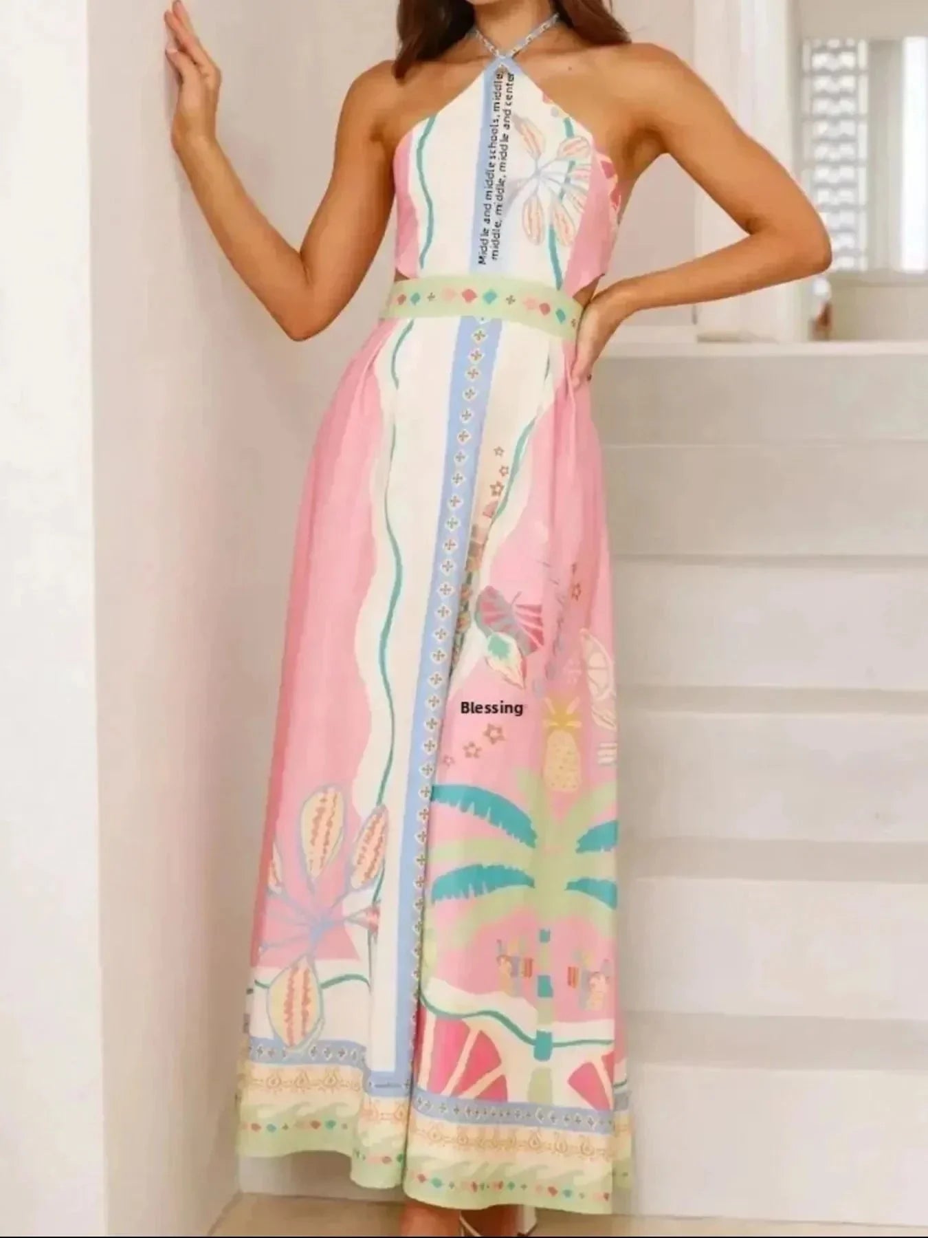 Halter Neck Printed Maxi Dress - VILLA FASHION