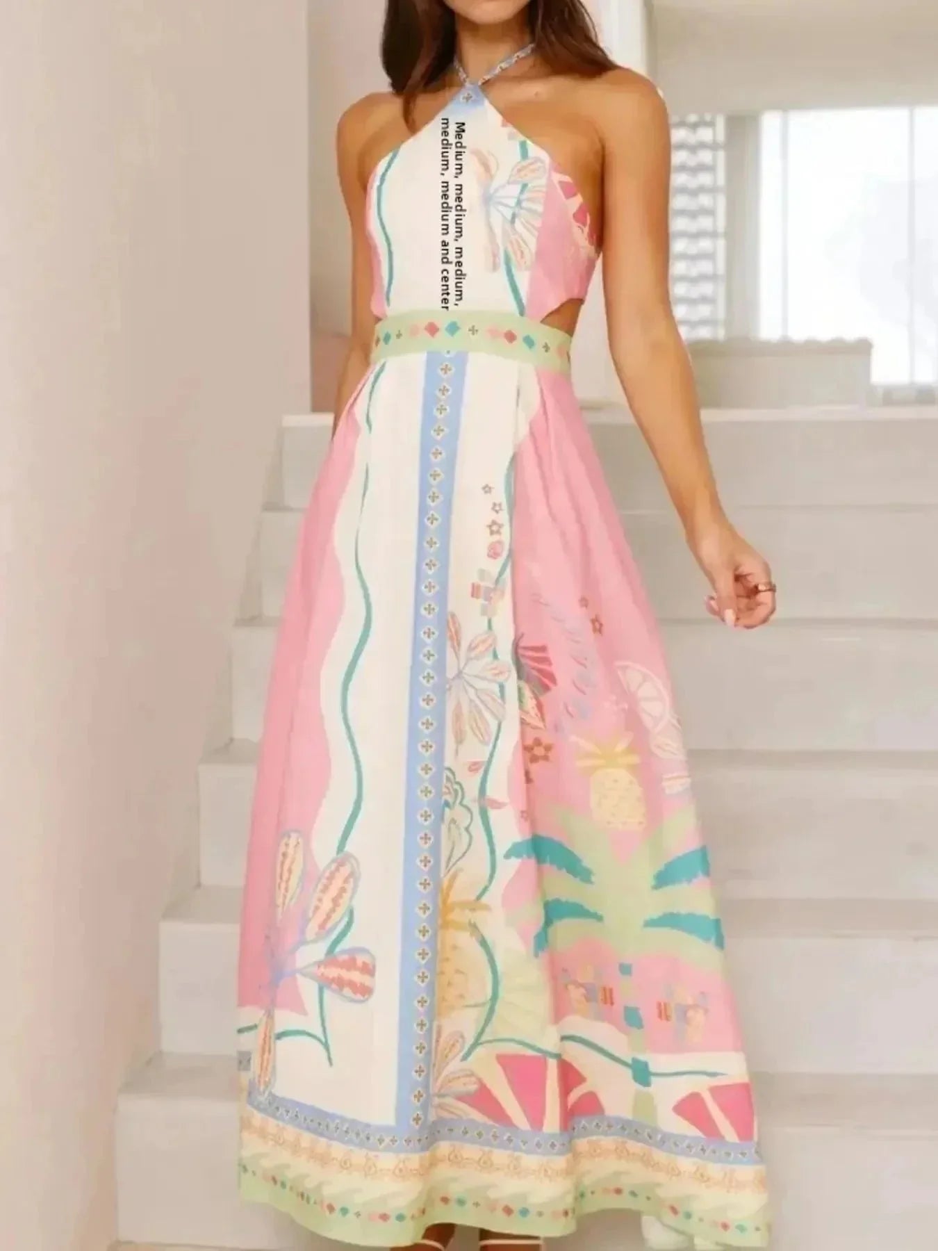 Halter Neck Printed Maxi Dress - VILLA FASHION