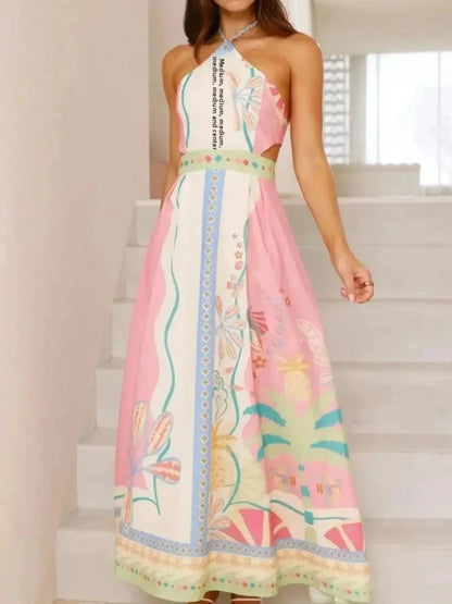 Halter Neck Printed Maxi Dress - VILLA FASHION