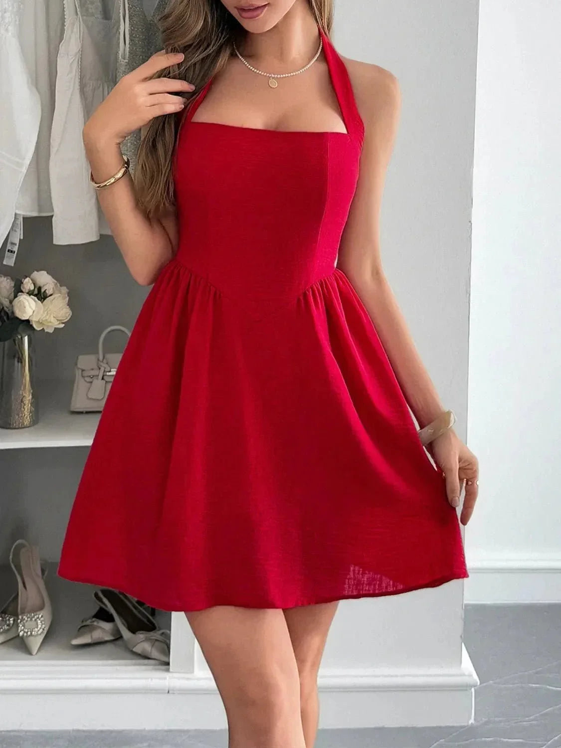 Halter Neck Summer Mini Dress - VILLA FASHION