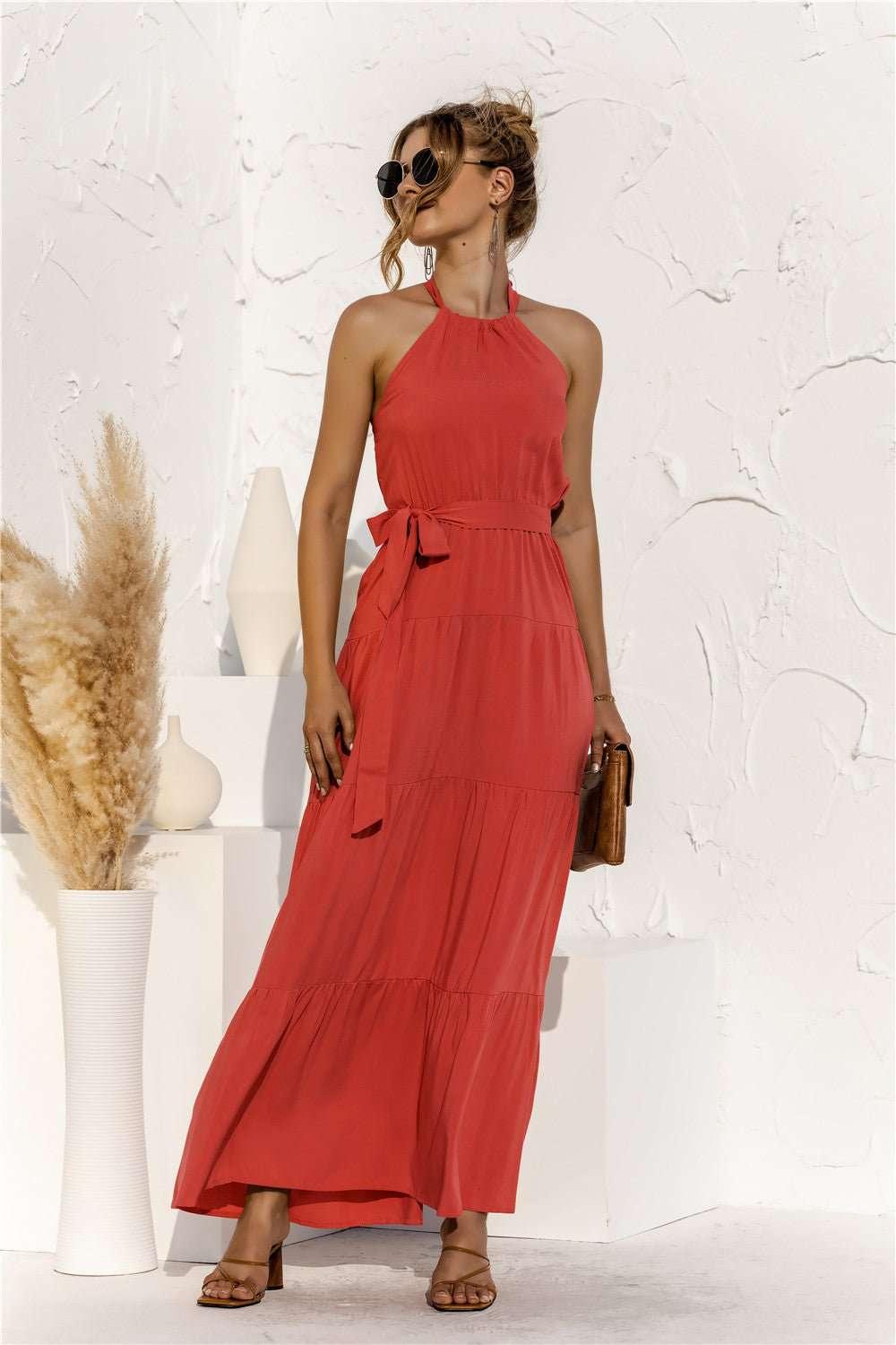Halter Neck Tie Waist Tiered Maxi Dress - VILLA FASHION