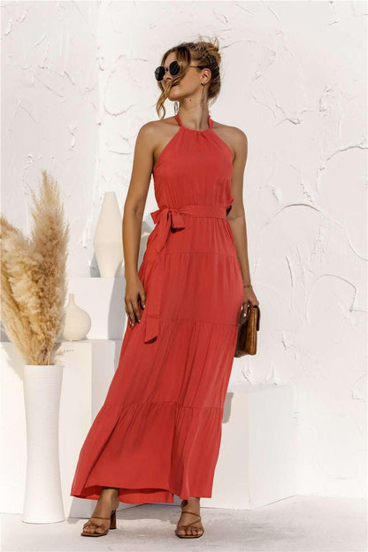 Halter Neck Tie Waist Tiered Maxi Dress - VILLA FASHION