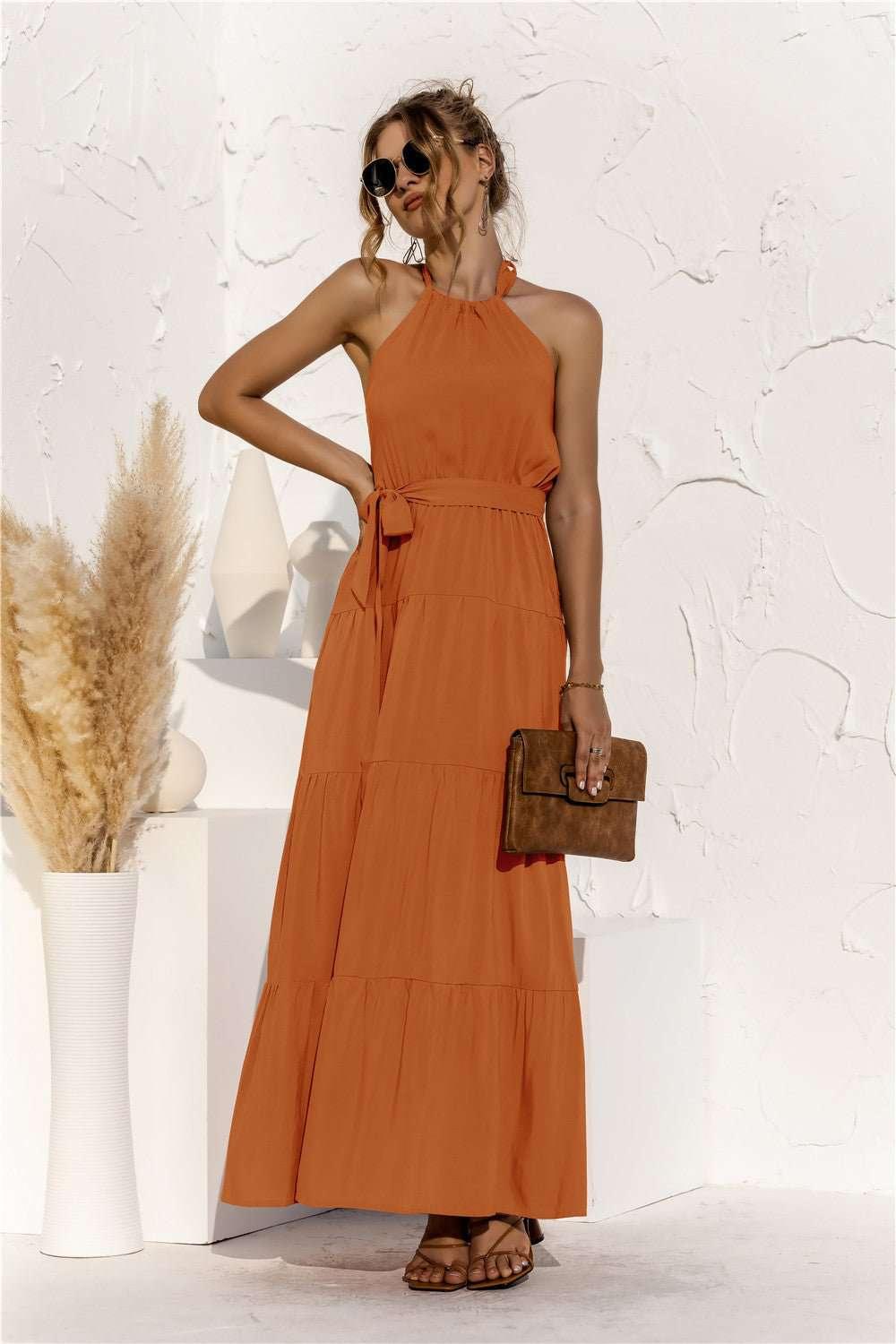Halter Neck Tie Waist Tiered Maxi Dress - VILLA FASHION