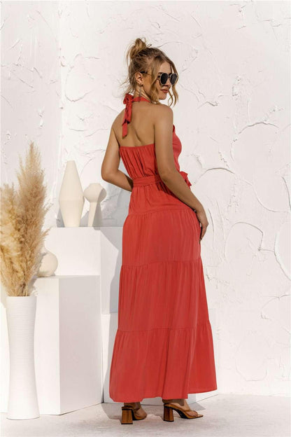 Halter Neck Tie Waist Tiered Maxi Dress - VILLA FASHION