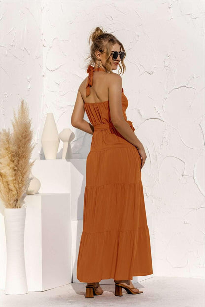 Halter Neck Tie Waist Tiered Maxi Dress - VILLA FASHION