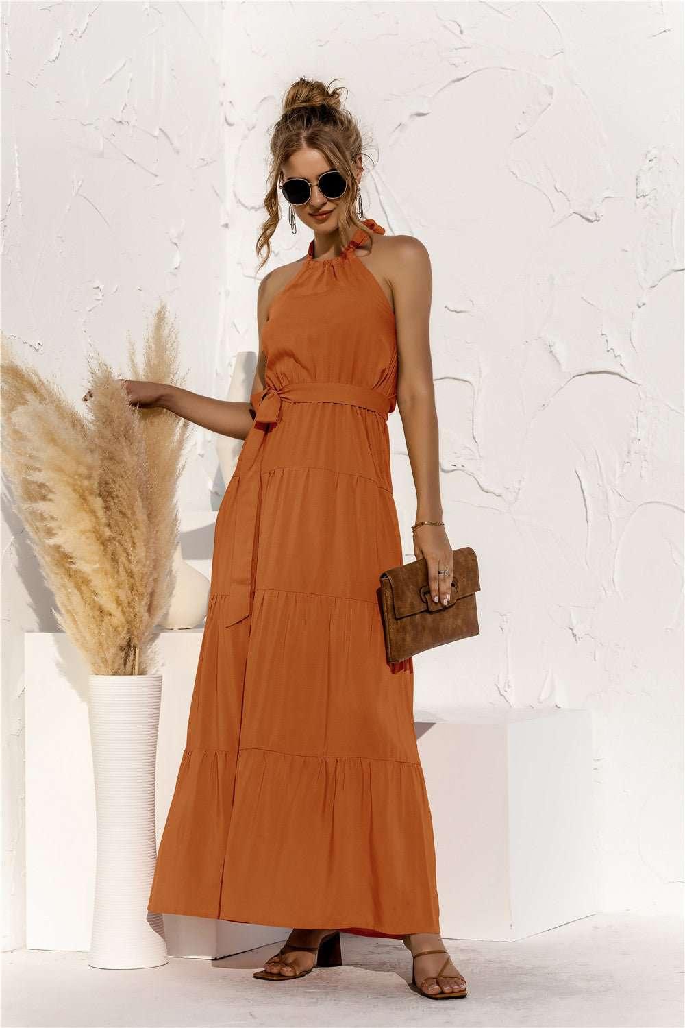 Halter Neck Tie Waist Tiered Maxi Dress - VILLA FASHION