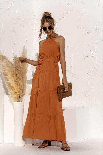 Halter Neck Tie Waist Tiered Maxi Dress - VILLA FASHION