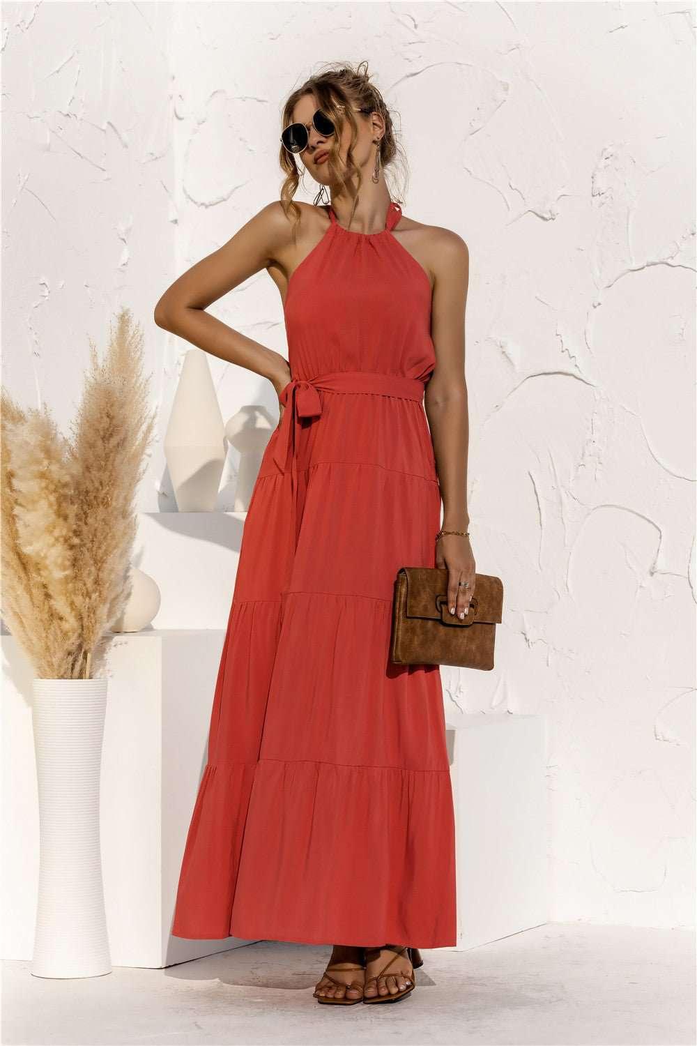 Halter Neck Tie Waist Tiered Maxi Dress - VILLA FASHION
