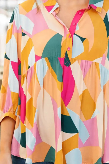 Heathered Collared Neck Long Sleeve Blouse - VILLA FASHION