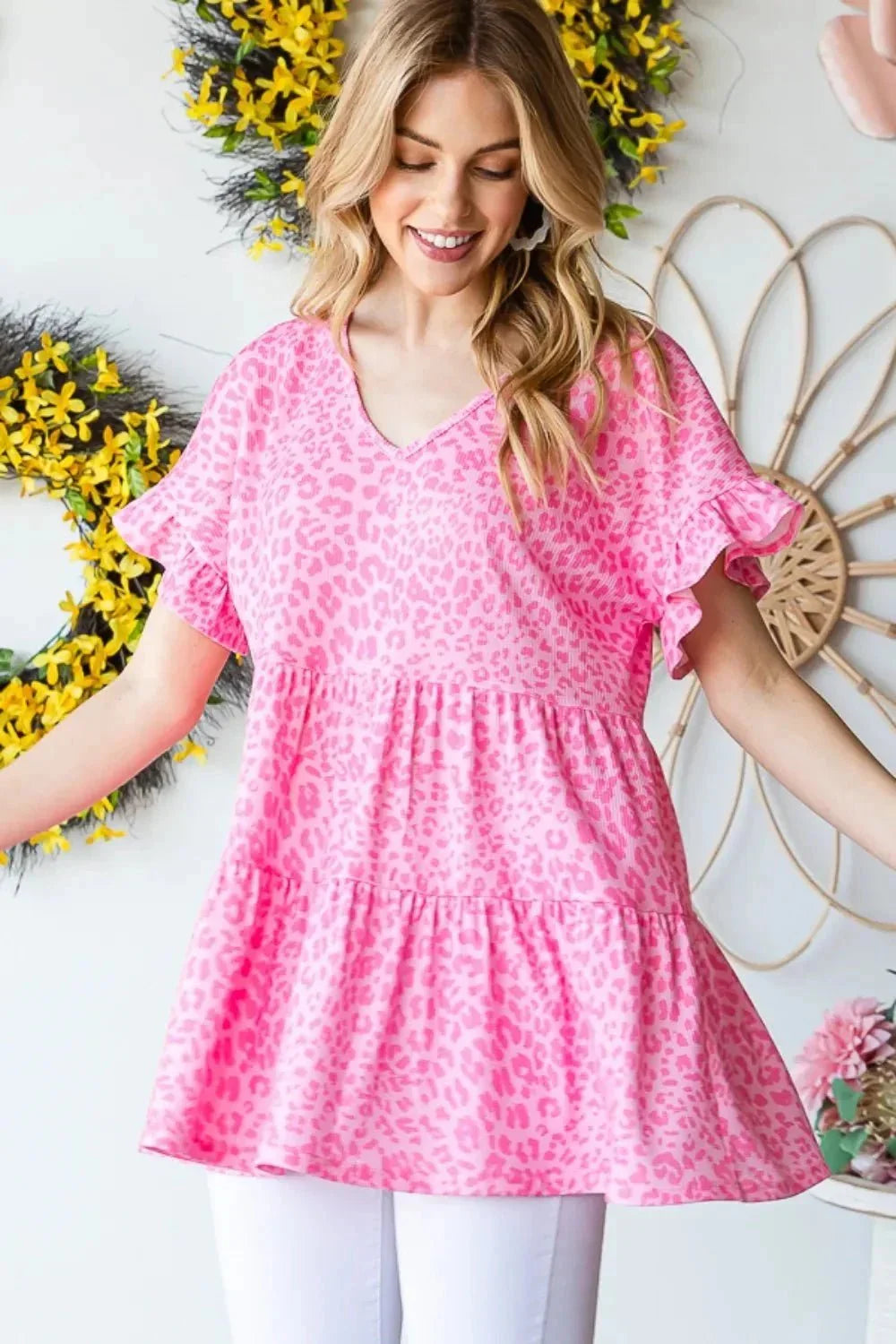 Heimish Full Size Leopard Ruffle Trim Short Sleeve Top - VILLA FASHION