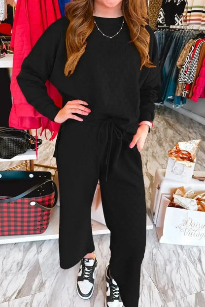 High - Low Round Neck Top and Pants Set - VILLA FASHION