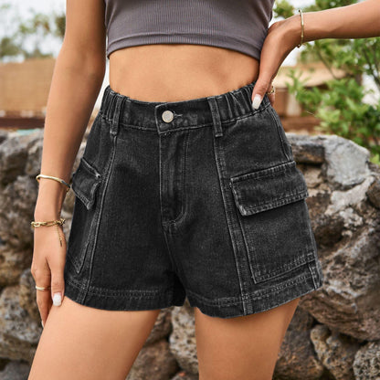 High - Waist Denim Shorts with Pockets - VILLA FASHION