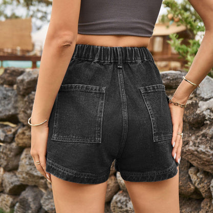 High - Waist Denim Shorts with Pockets - VILLA FASHION