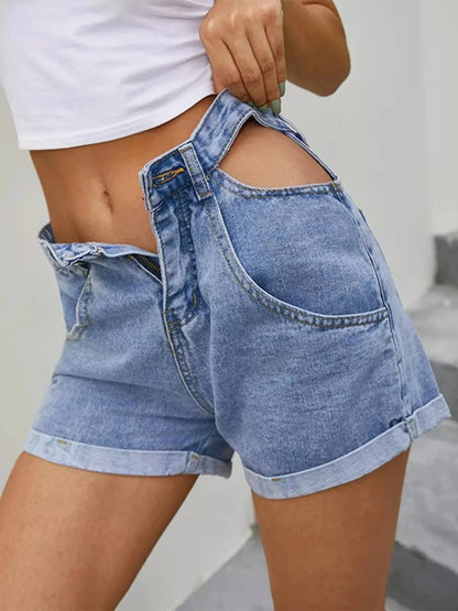 High - Waisted Cutout Denim Shorts - VILLA FASHION