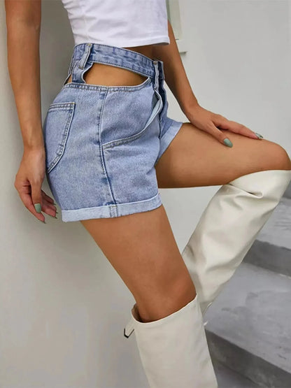 High - Waisted Cutout Denim Shorts - VILLA FASHION
