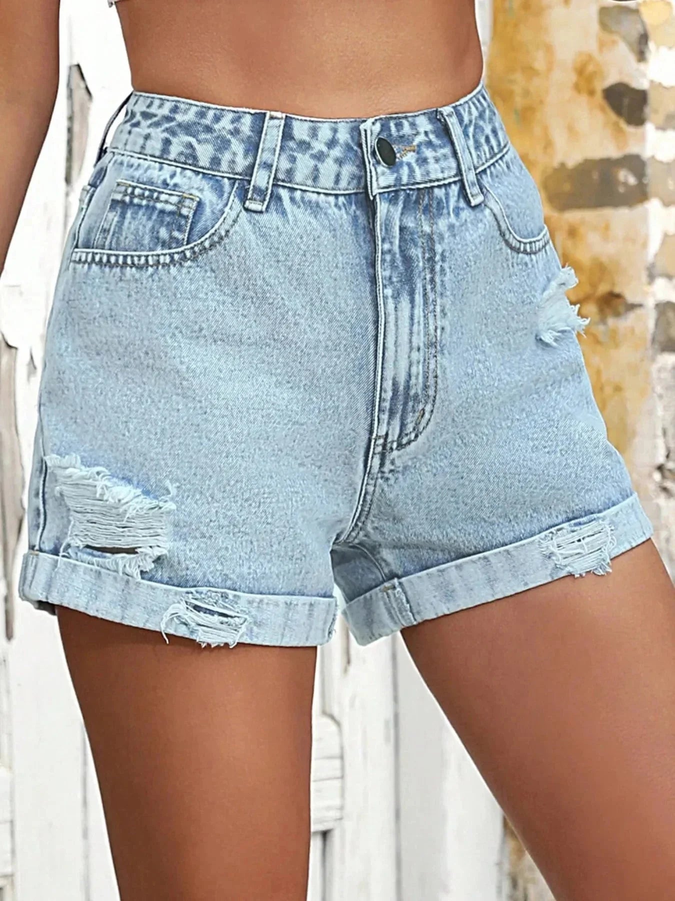 High - Waisted Distressed Denim Shorts - VILLA FASHION