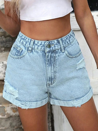 High - Waisted Distressed Denim Shorts - VILLA FASHION