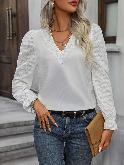 Honey V - Neck Flounce Sleeve Blouse - VILLA FASHION