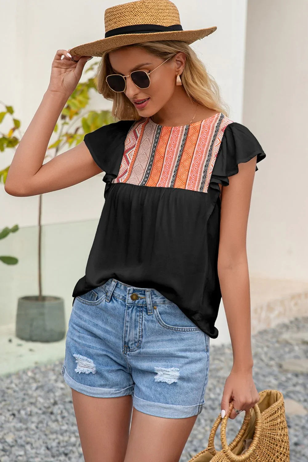 Ivy Lane Contrast Print Butterfly Sleeve Top - VILLA FASHION