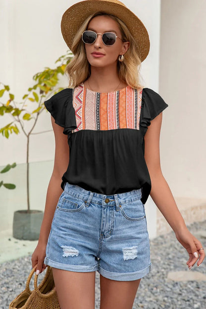 Ivy Lane Contrast Print Butterfly Sleeve Top - VILLA FASHION