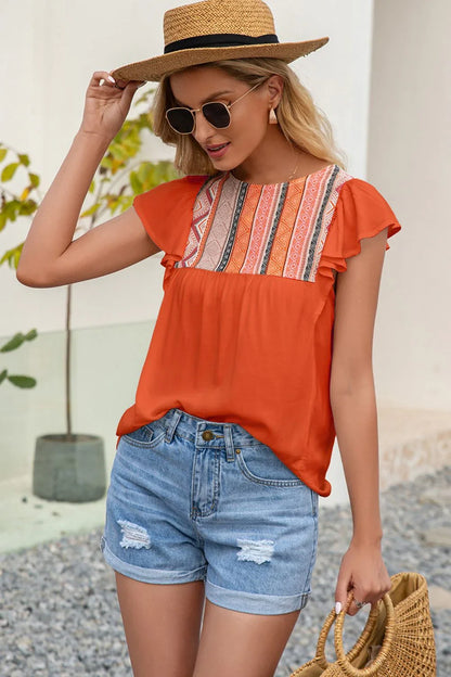 Ivy Lane Contrast Print Butterfly Sleeve Top - VILLA FASHION