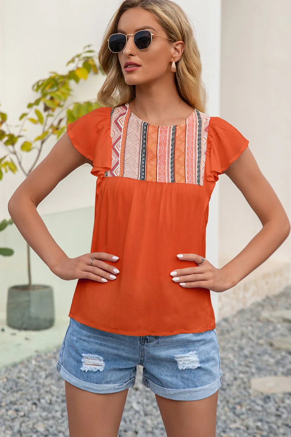 Ivy Lane Contrast Print Butterfly Sleeve Top - VILLA FASHION