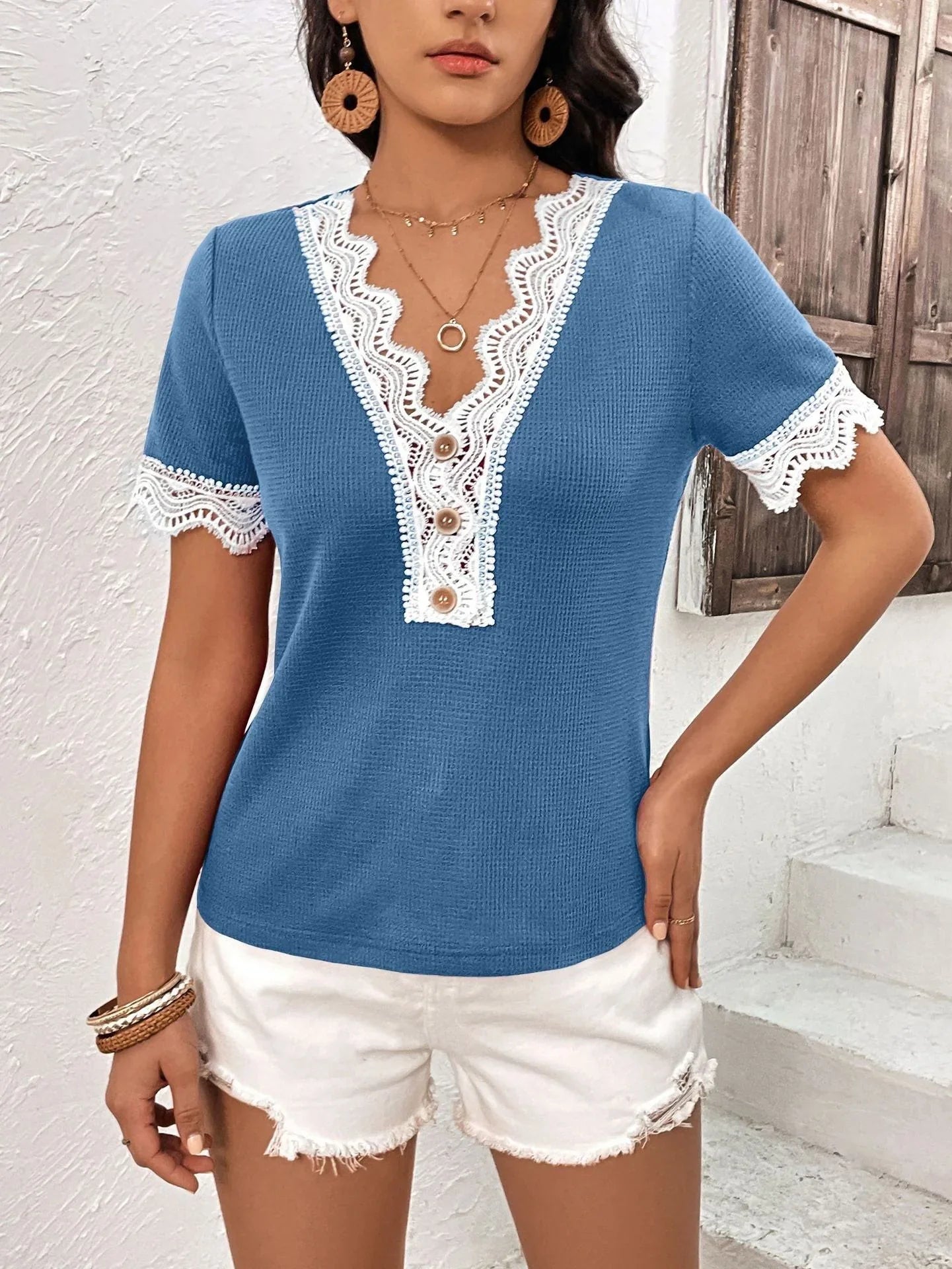 Ivy Lane Decorative Button Spliced Lace Short Sleeve Top - VILLA FASHION